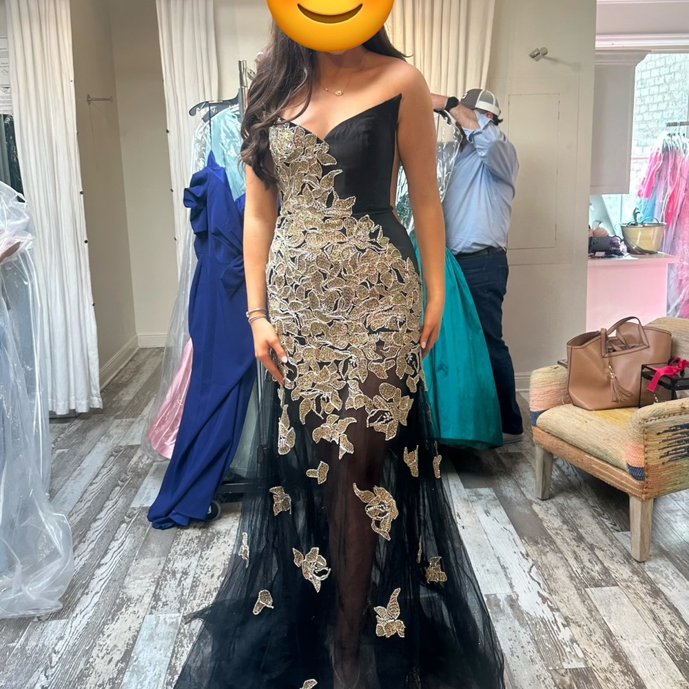 Brand NEW Jovani Black Evening Gown with Gold Appliqué